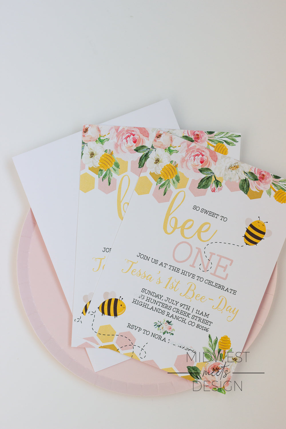 First Bee-Day Bumble Bee Floral Birthday Invites - Digital/Print
