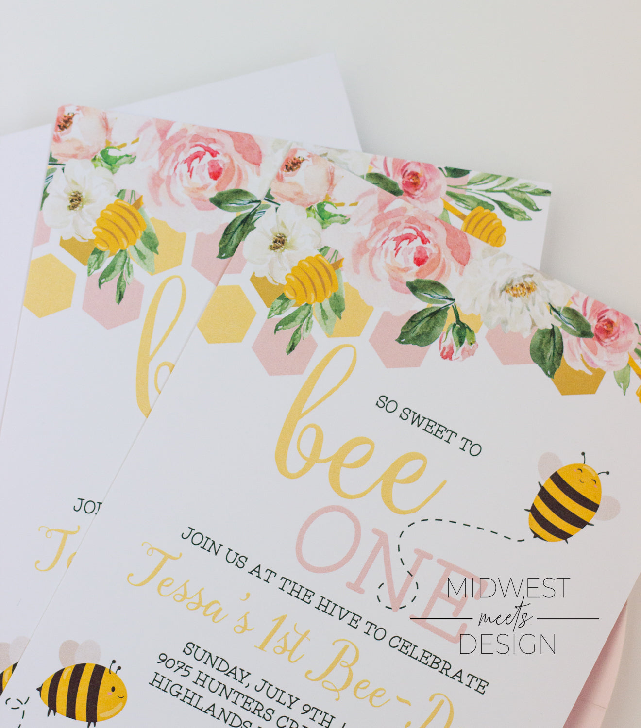 First Bee-Day Bumble Bee Floral Birthday Invites - Digital/Print