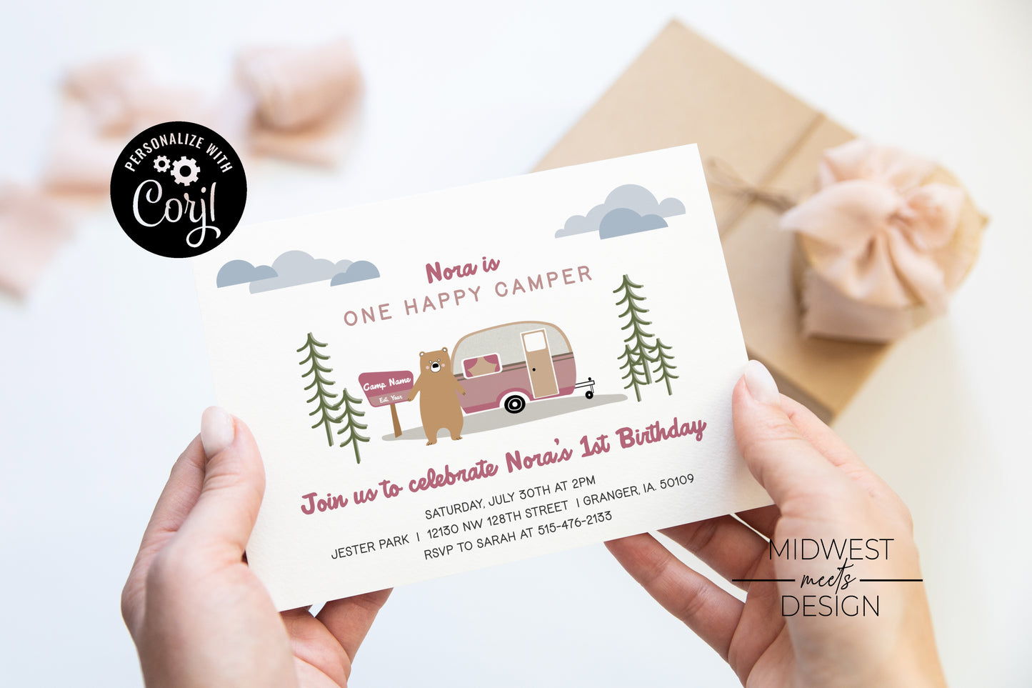 Pink One Happy Camper Birthday Invite - Digital Download