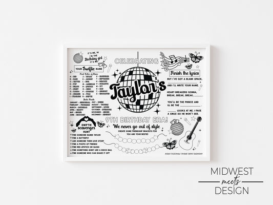Taylor Swift Eras Tour Birthday Coloring Page/ Activity Placemat - Digital Download