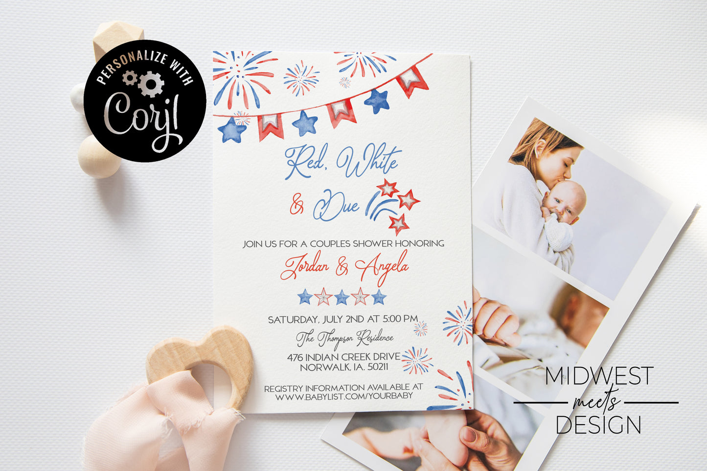 Red, White, & Due Baby Shower Invitation - Digital Download