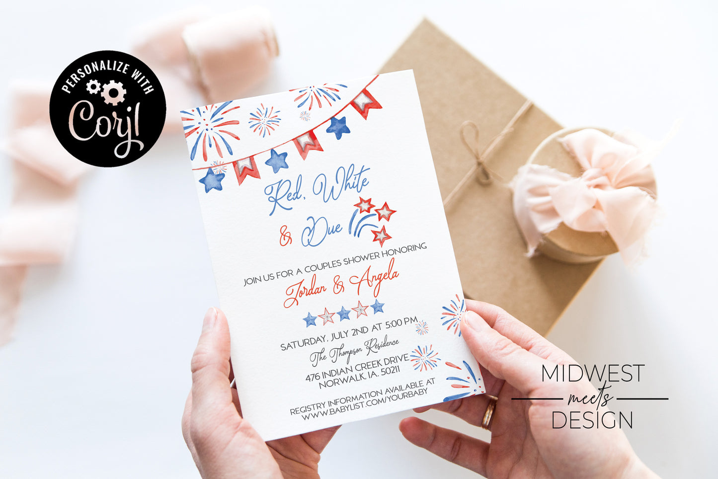 Red, White, & Due Baby Shower Invitation - Digital Download