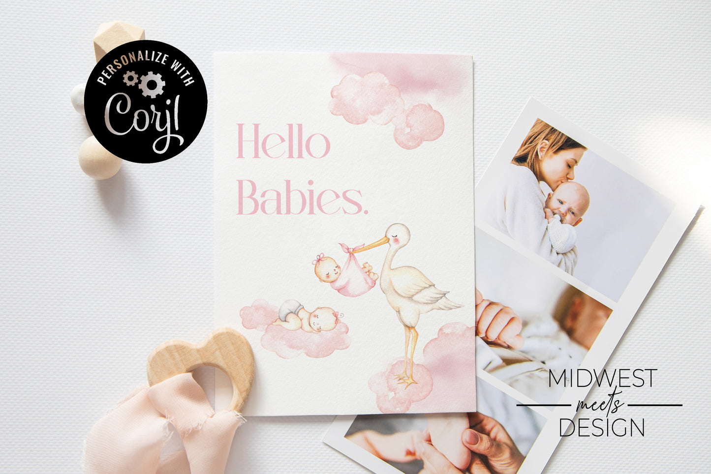 Twin Girl Stork Baby Shower Invite - Digital Download