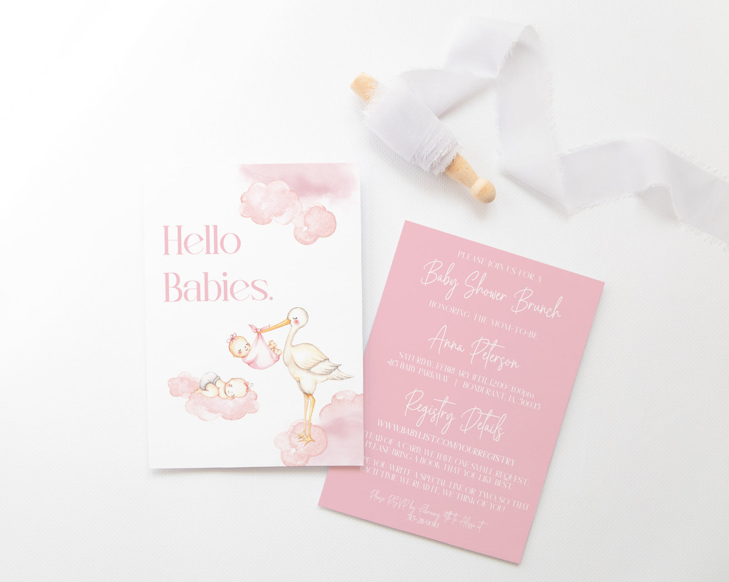 Twin Girl Stork Baby Shower Invite - Digital Download