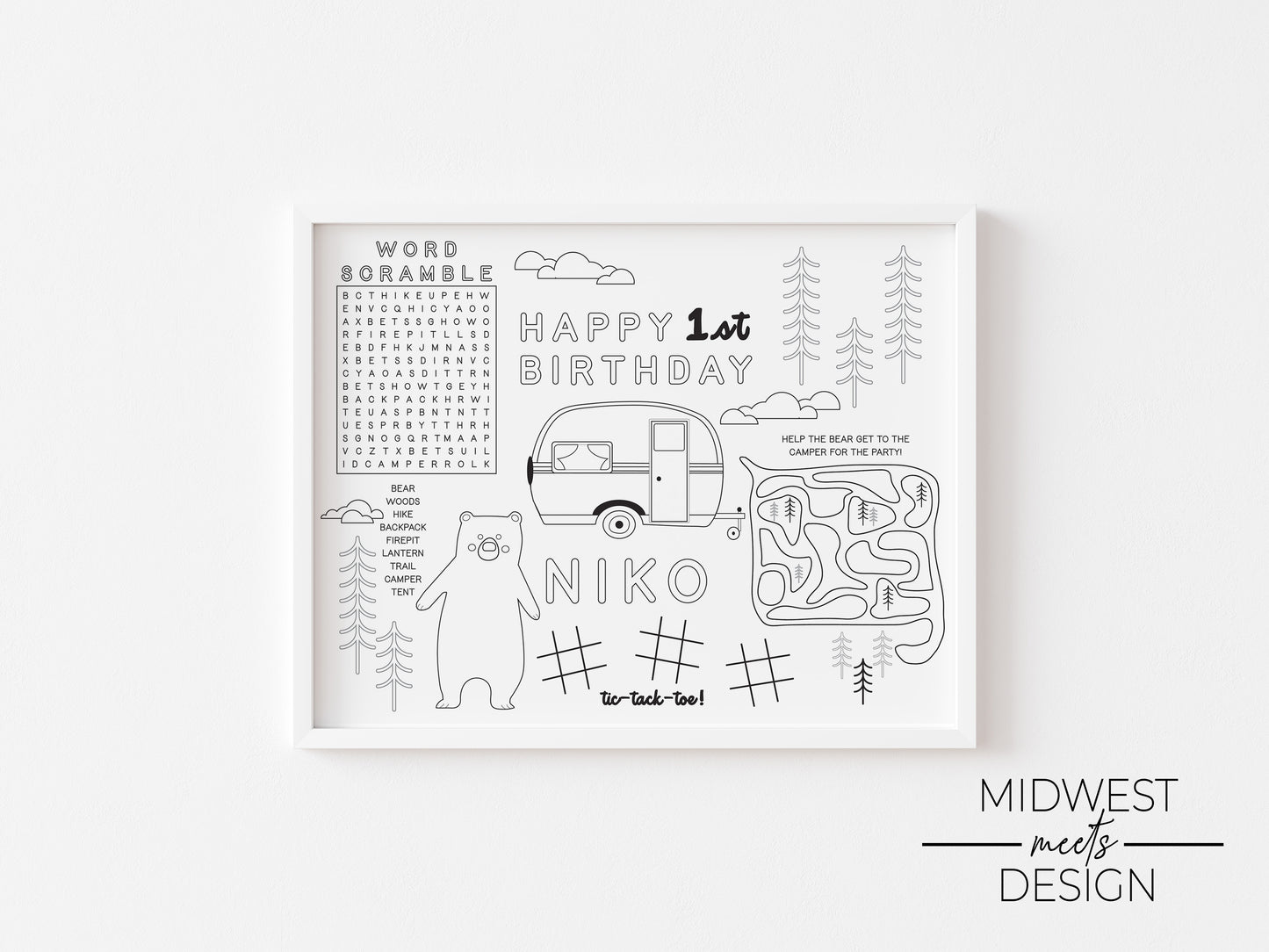 One Happy Camper Birthday Coloring Page Placemat - Digital Download