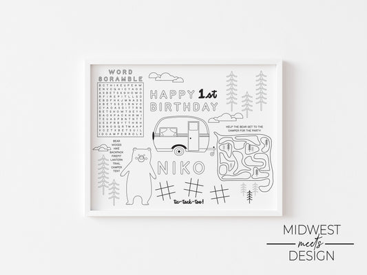One Happy Camper Birthday Coloring Page Placemat - Digital Download