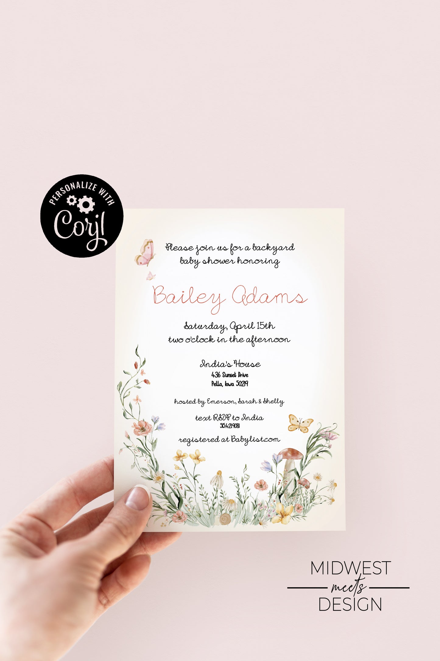 Mushroom Floral Whimsical Garden Baby Shower Invite Template - Digital Download