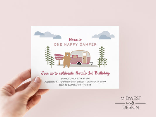 Pink One Happy Camper Birthday Invite - Digital Download