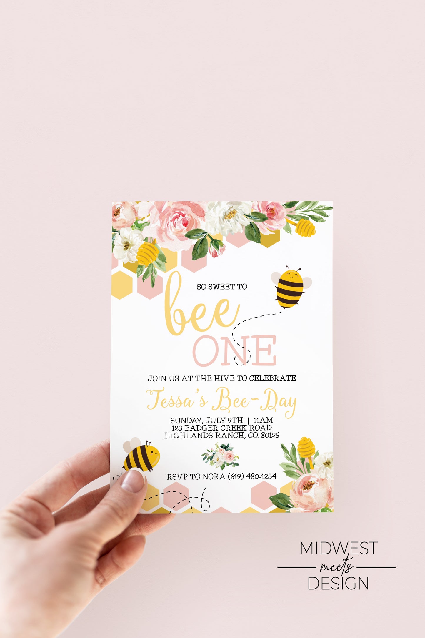 First Bee-Day Bumble Bee Floral Birthday Invites - Digital/Print