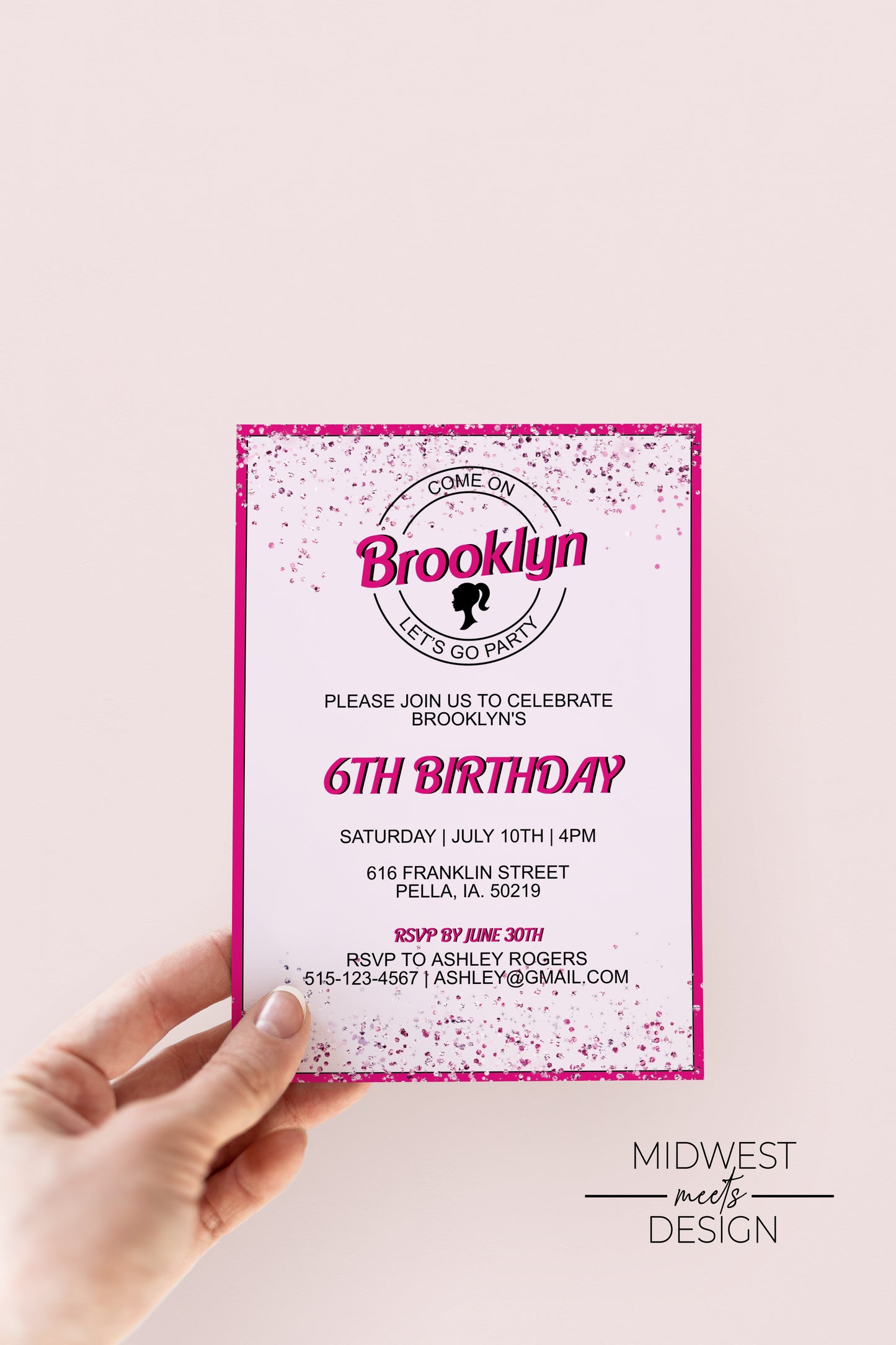 Girls Pink Doll Birthday Invites - Printed