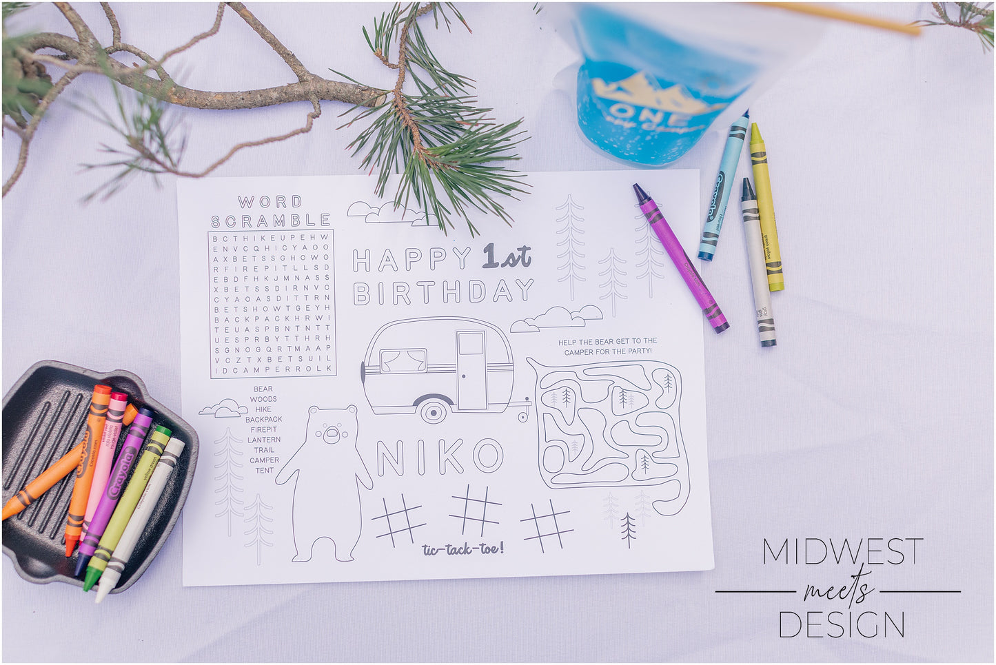 One Happy Camper Birthday Coloring Page Placemat - Digital Download
