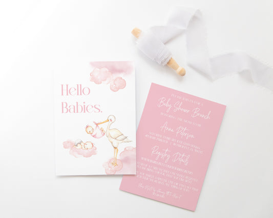 Twin Girl Stork Baby Shower Invite - Digital Download