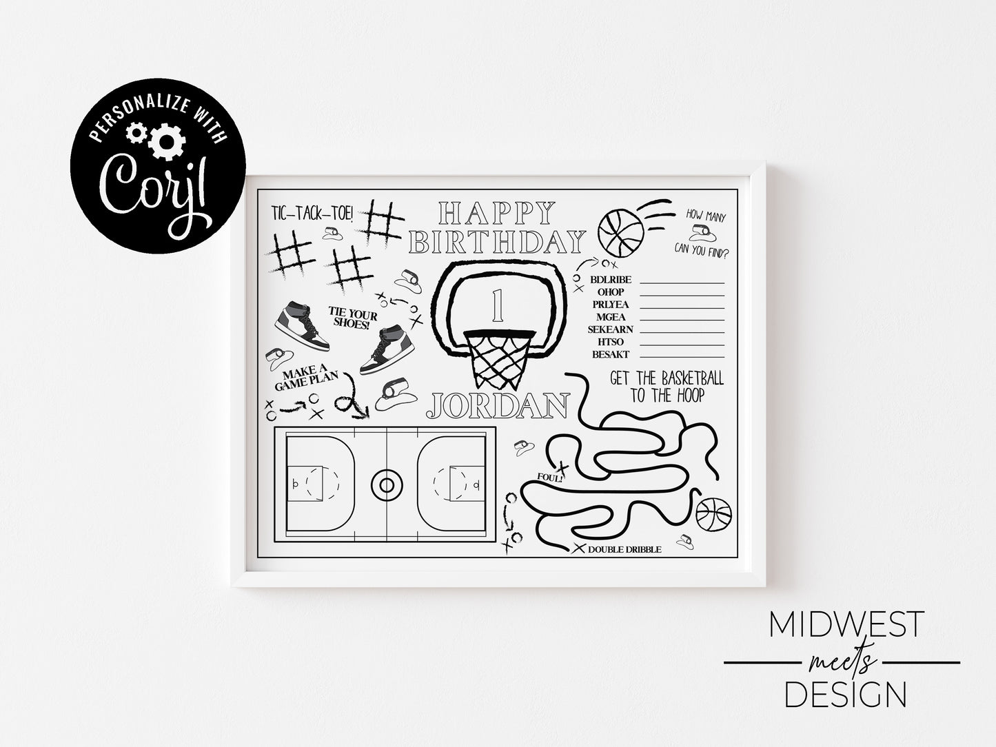 Basketball Themed Birthday Coloring Page Template - Digital Download