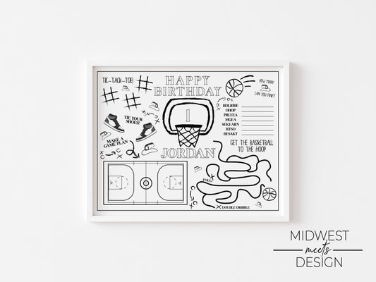 Basketball Themed Birthday Coloring Page Template - Digital Download
