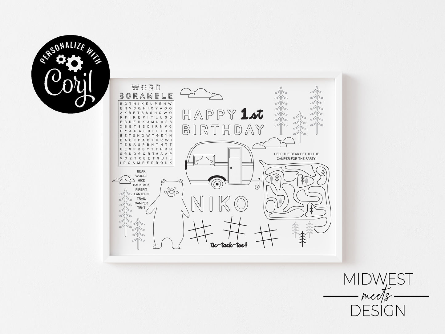 One Happy Camper Birthday Coloring Page Placemat - Digital Download