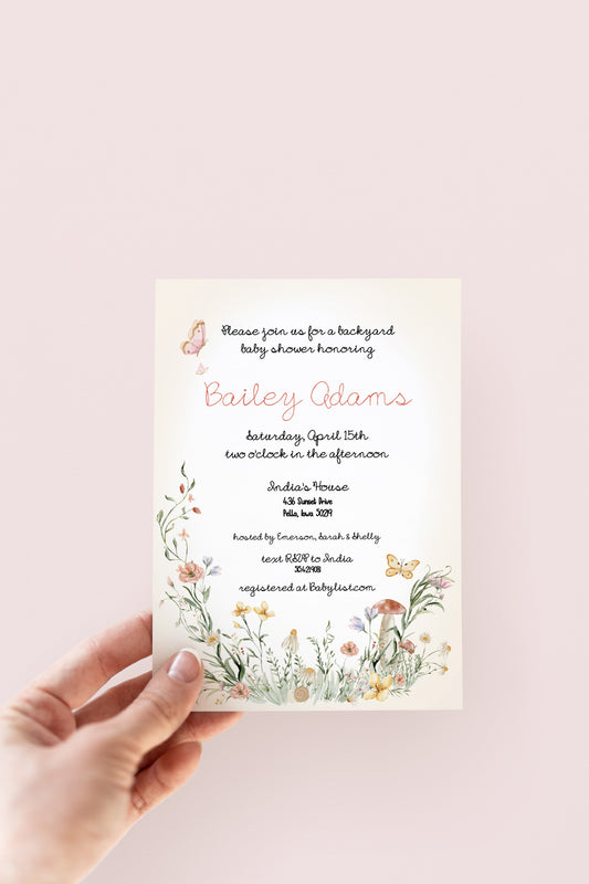Mushroom Floral Whimsical Garden Baby Shower Invite Template - Digital Download